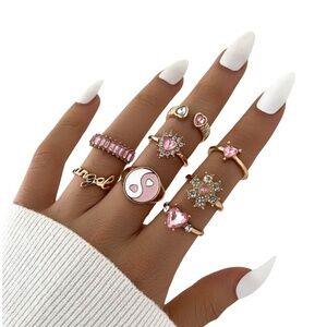 Pink Crystal Yin Yang Ring Set Gold Dainty Stackable - Adjustable Sizes 4-7